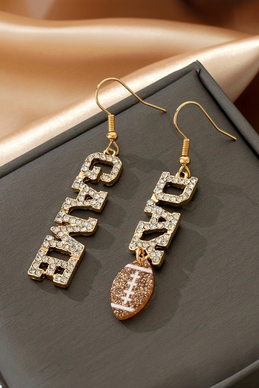 Gold GAME DAY Football Rhinestone Dangle Earrings