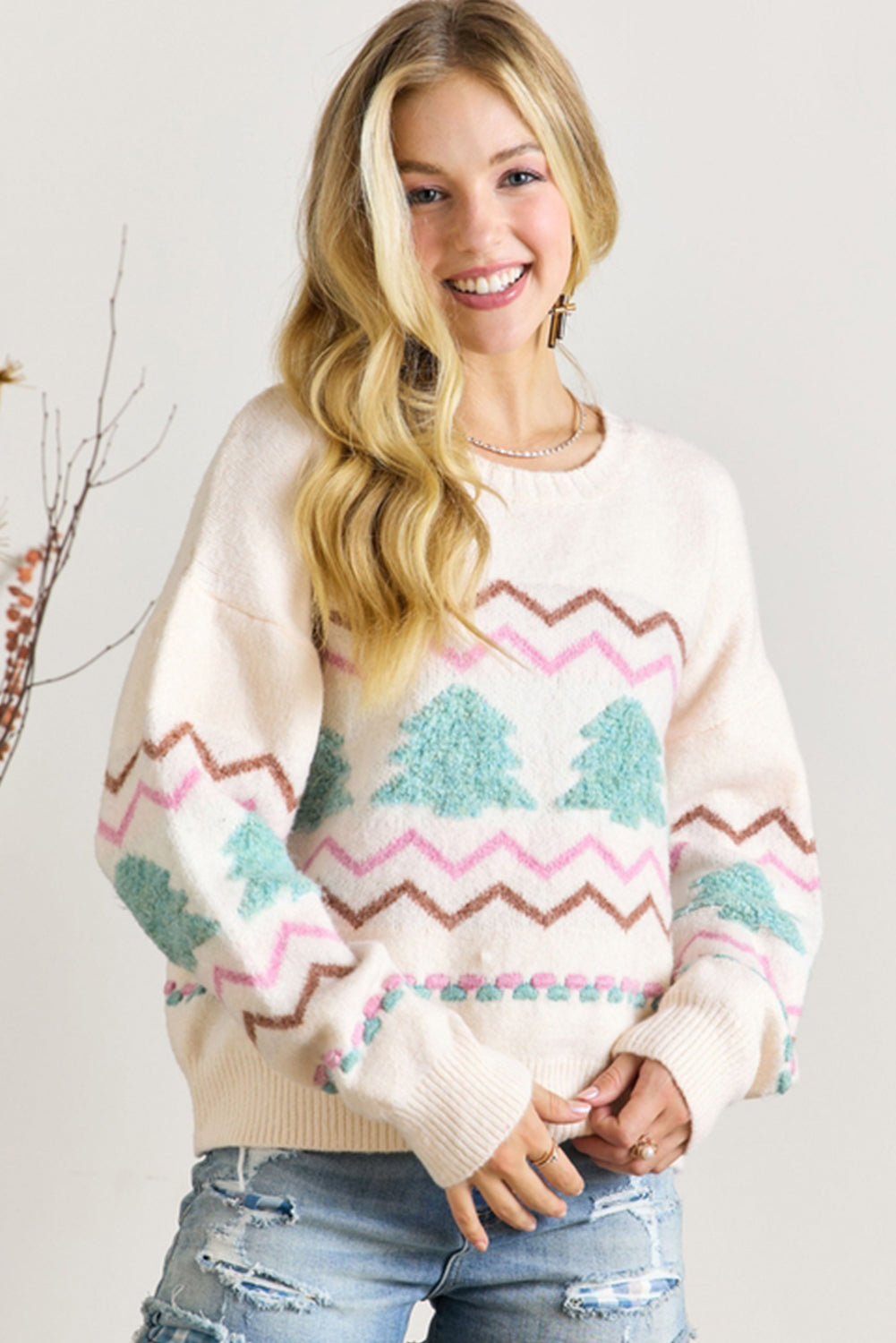 White Christmas Tree Wavy Striped Drop Sleeve Sweater