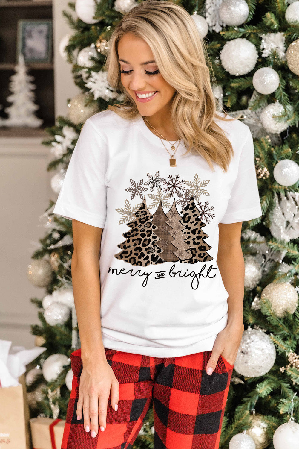 Black Leopard Christmas Tree Crew Neck Graphic T Shirt