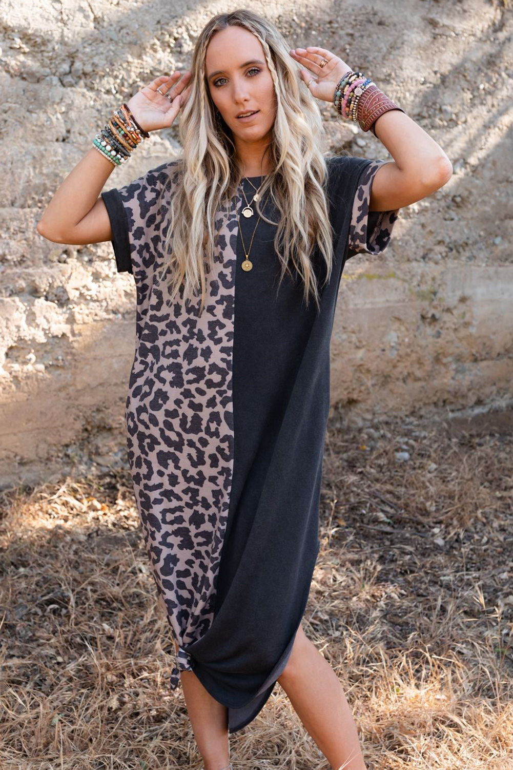 Grey Leopard Print Short Sleeve Side Slits Pocket Dress