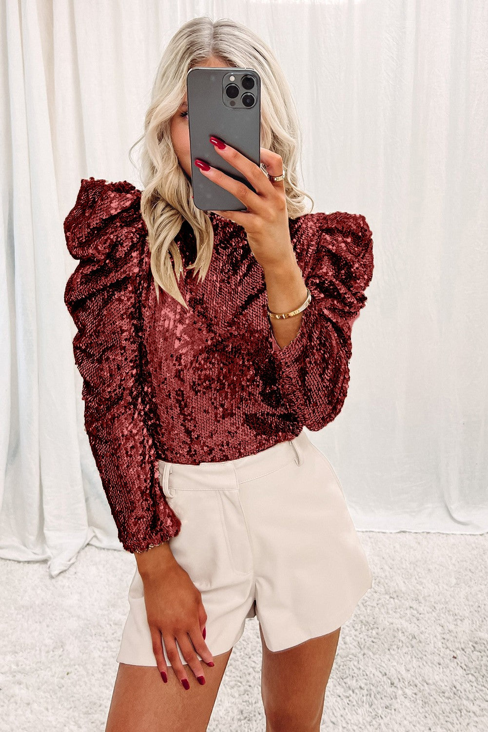 Burgundy Sequin Mock Neck Ruched Puff Sleeve Top