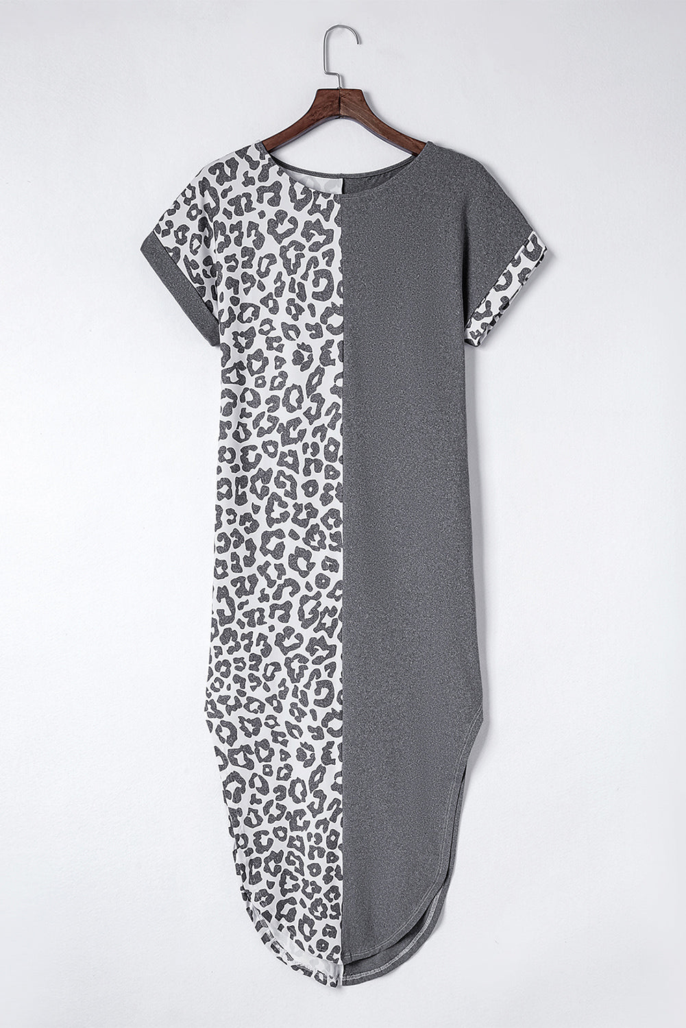 Grey Leopard Print Short Sleeve Side Slits Pocket Dress