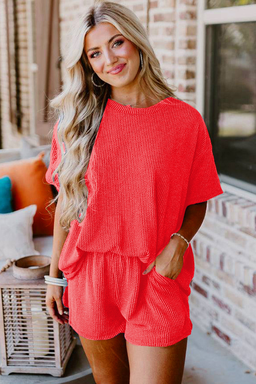 Orange Ribbed Textured Knit Loose Fit Tee and Shorts Set