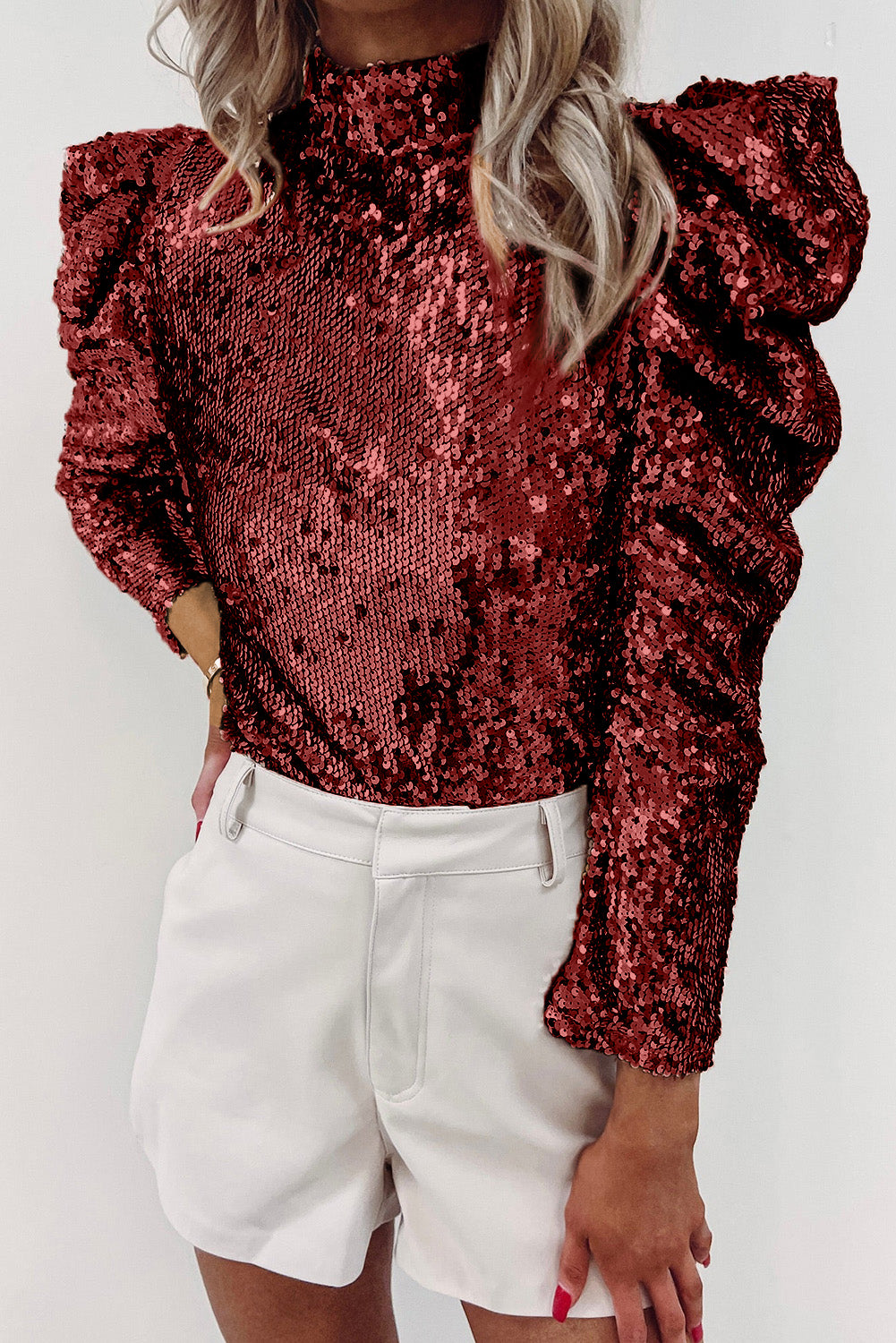 Burgundy Sequin Mock Neck Ruched Puff Sleeve Top