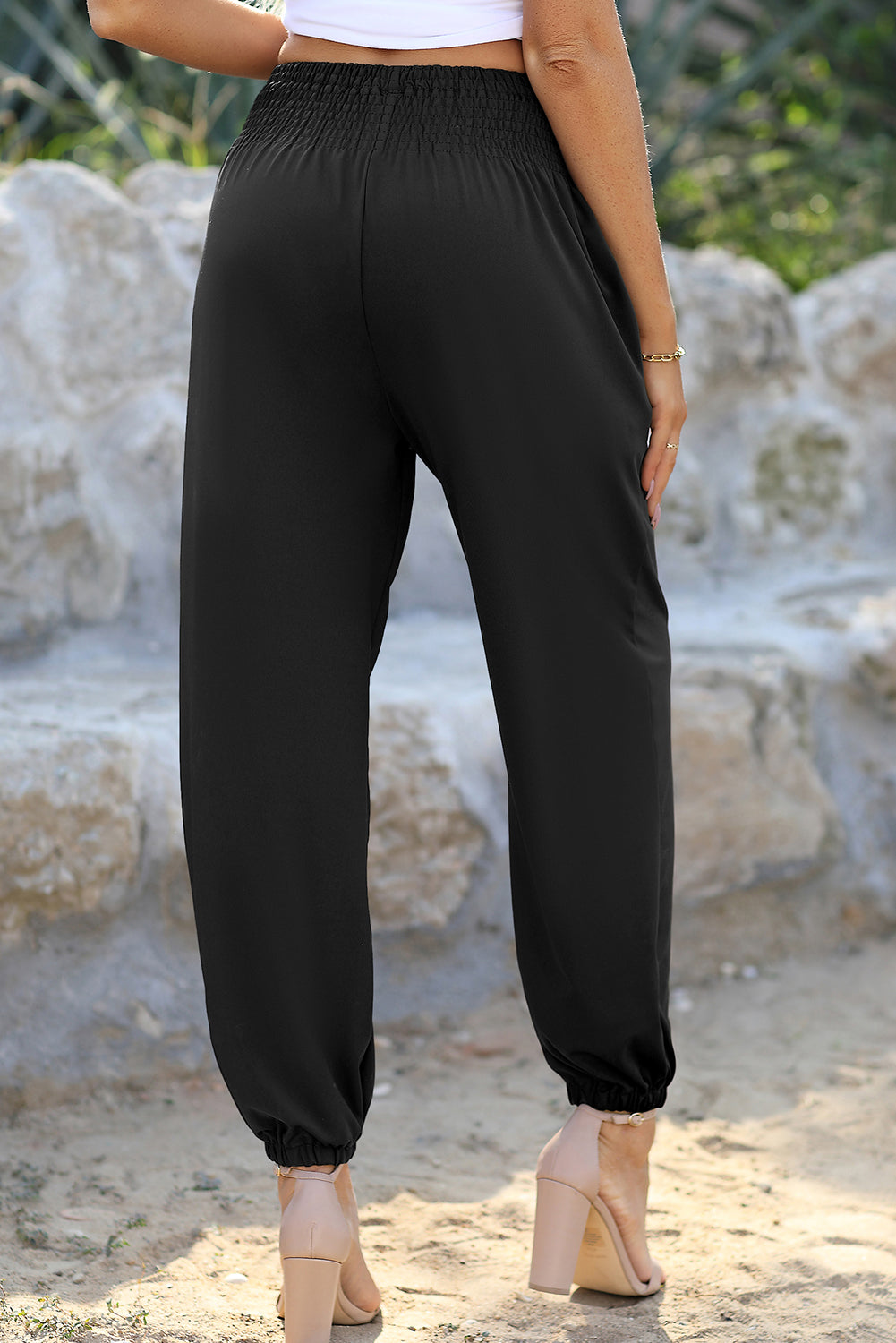 Black Pocketed Smocked High Waist Joggers