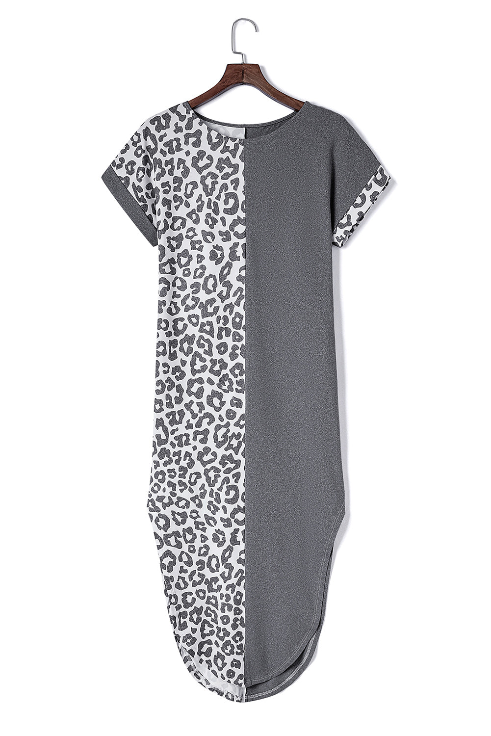 Grey Leopard Print Short Sleeve Side Slits Pocket Dress