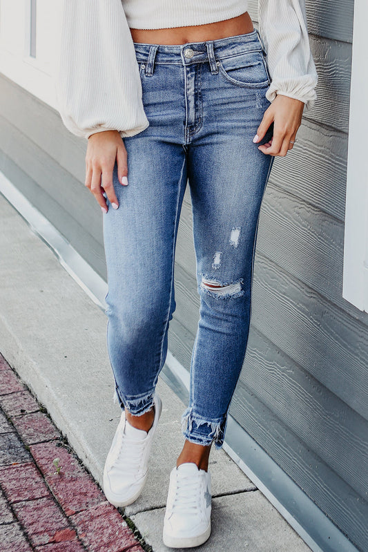 Light Blue Distressed Hem Cropped Skinny Jeans