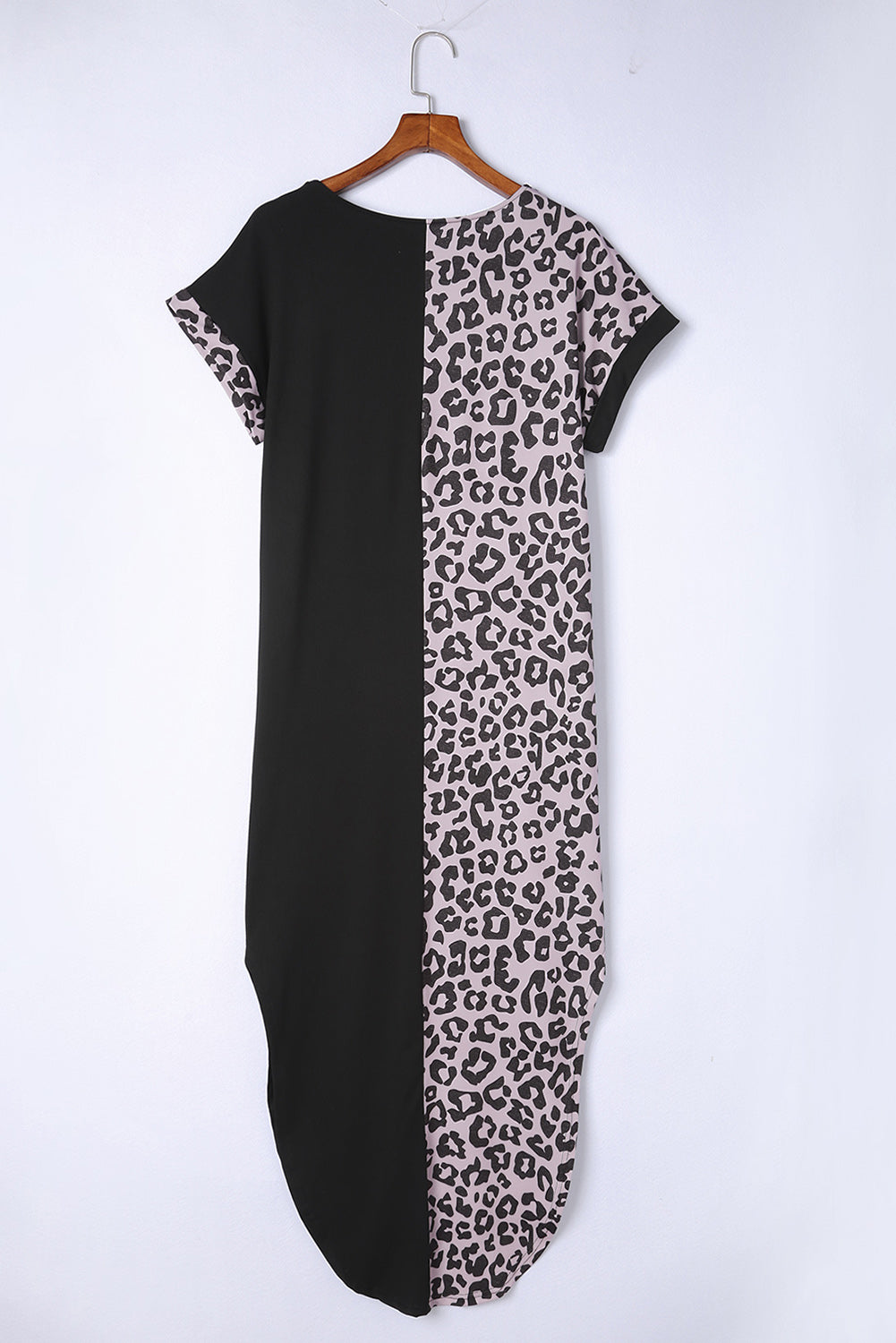 Grey Leopard Print Short Sleeve Side Slits Pocket Dress