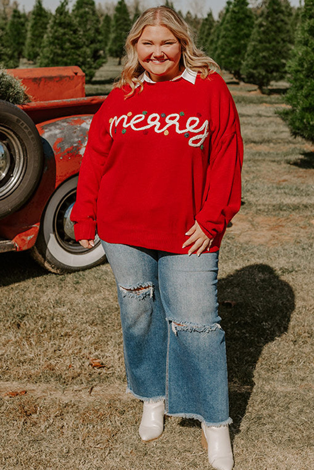 Fiery Red Merry Graphic Christmas Plus Size Sweater