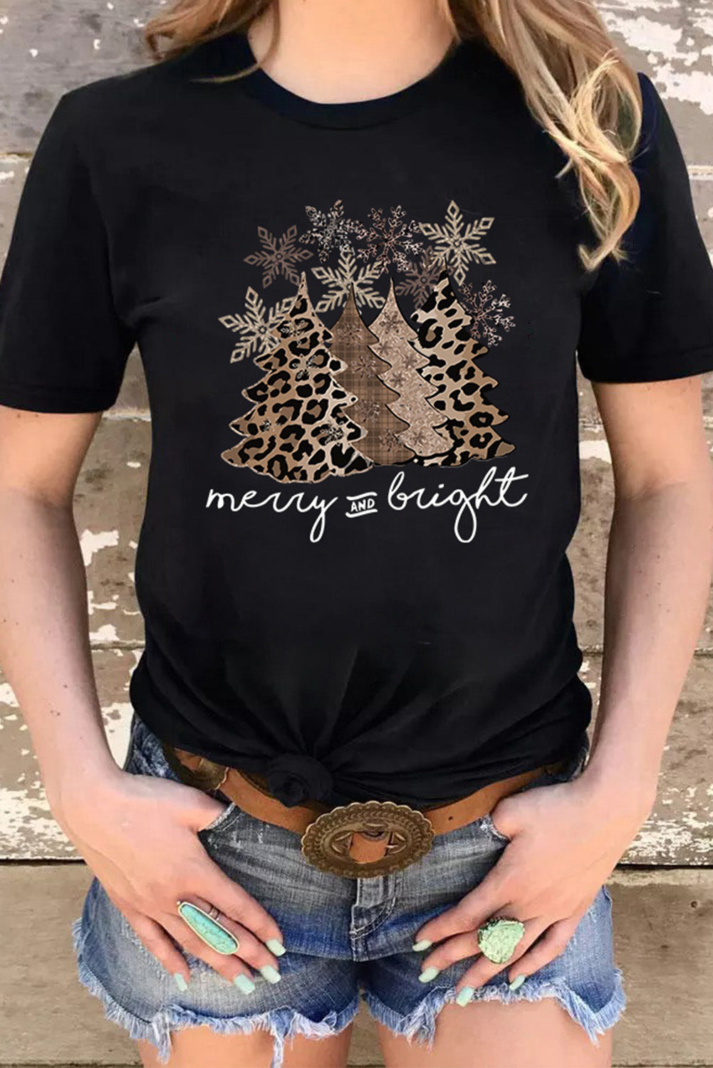 Black Leopard Christmas Tree Crew Neck Graphic T Shirt