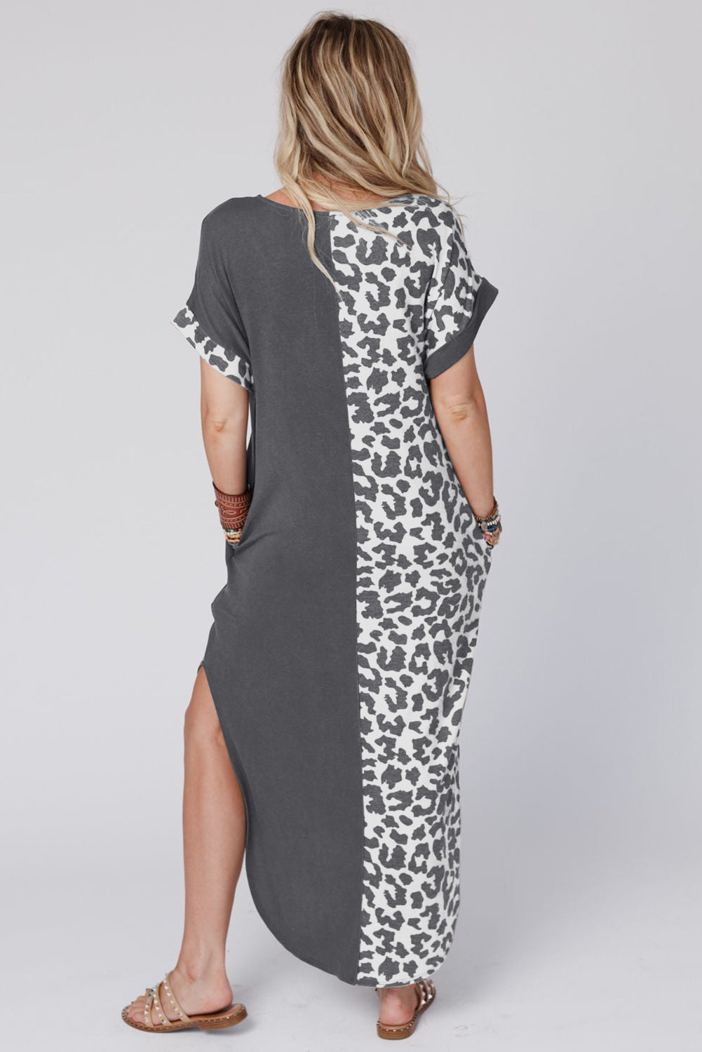 Grey Leopard Print Short Sleeve Side Slits Pocket Dress