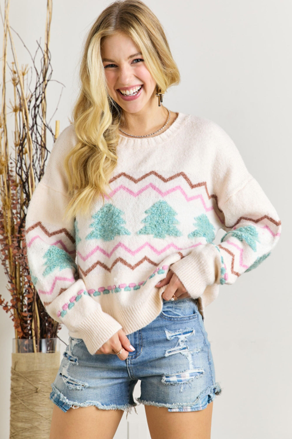 White Christmas Tree Wavy Striped Drop Sleeve Sweater