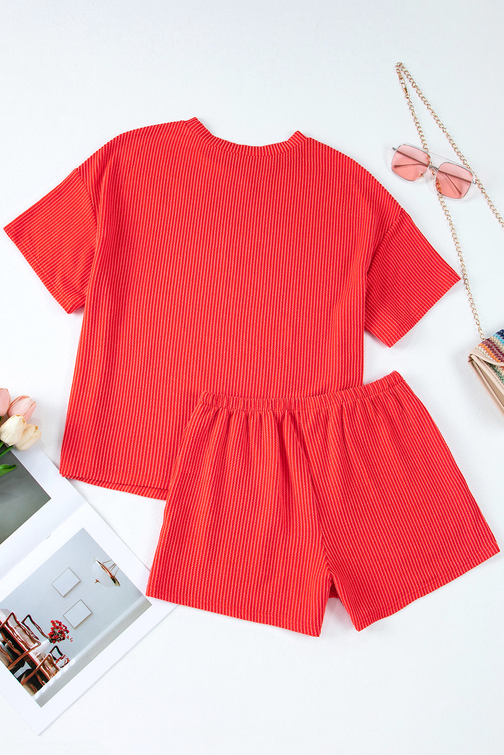 Orange Ribbed Textured Knit Loose Fit Tee and Shorts Set