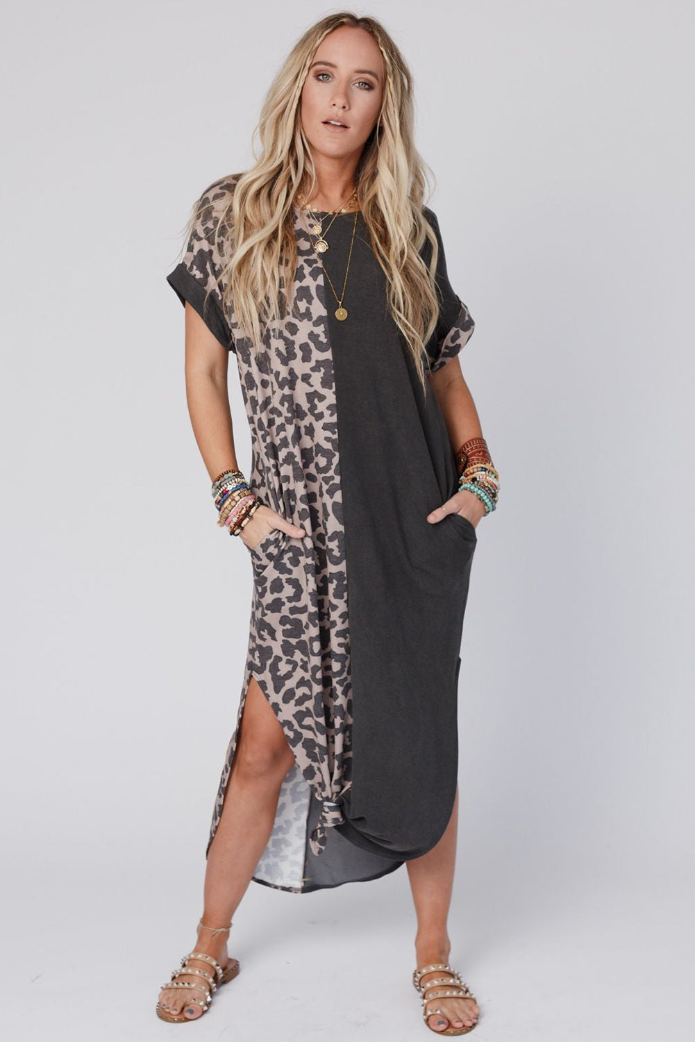 Grey Leopard Print Short Sleeve Side Slits Pocket Dress