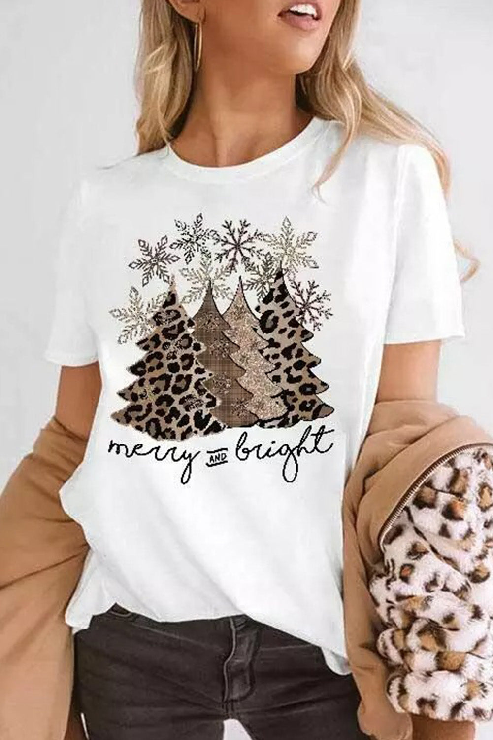 Black Leopard Christmas Tree Crew Neck Graphic T Shirt