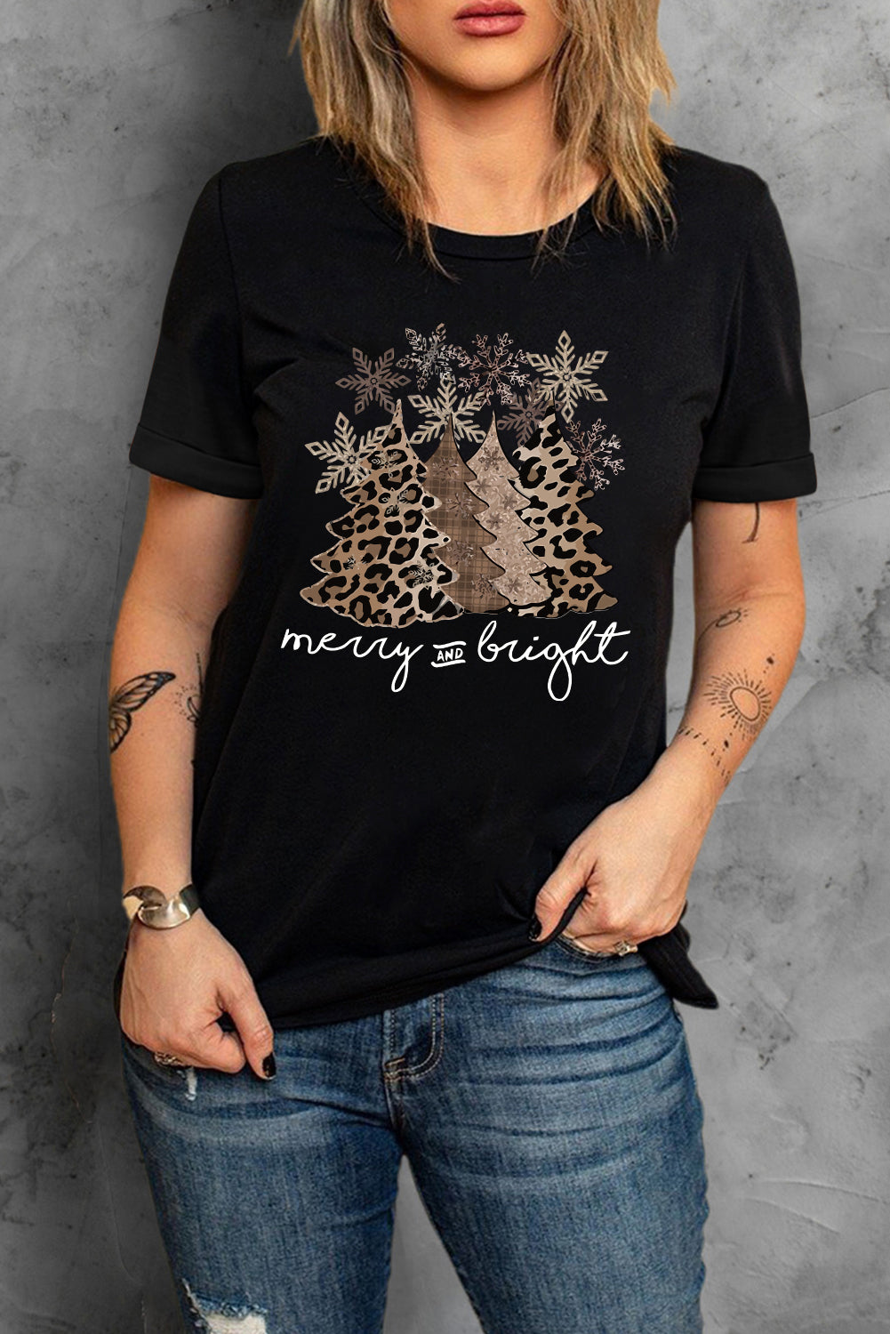 Black Leopard Christmas Tree Crew Neck Graphic T Shirt