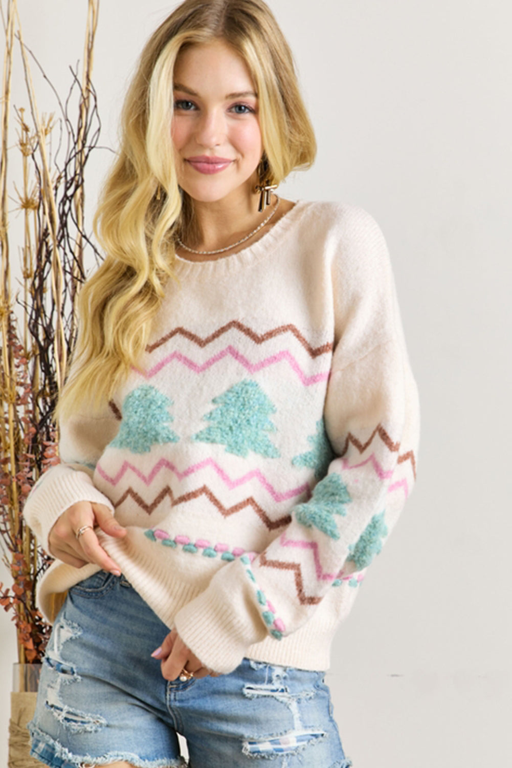 White Christmas Tree Wavy Striped Drop Sleeve Sweater