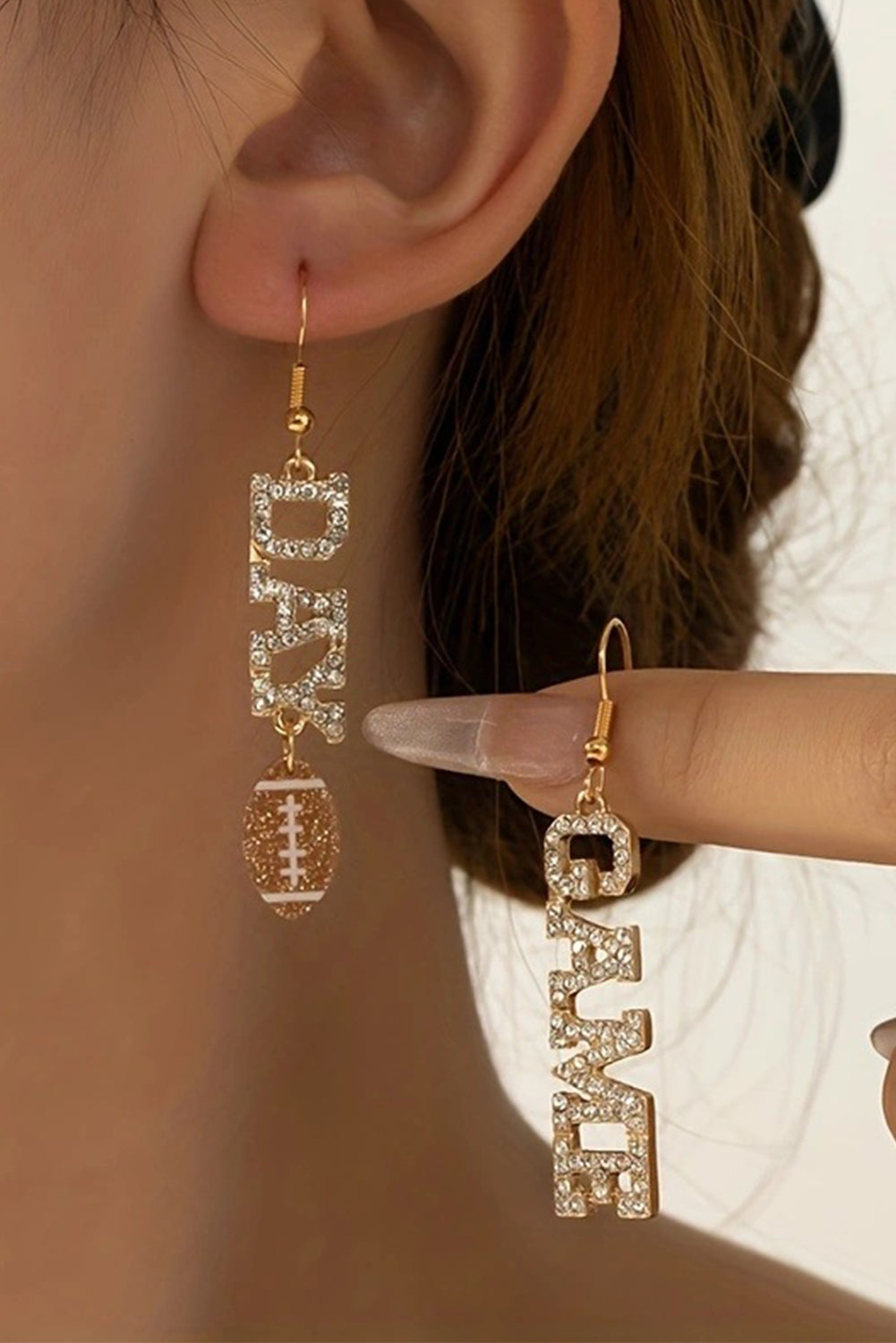 Gold GAME DAY Football Rhinestone Dangle Earrings